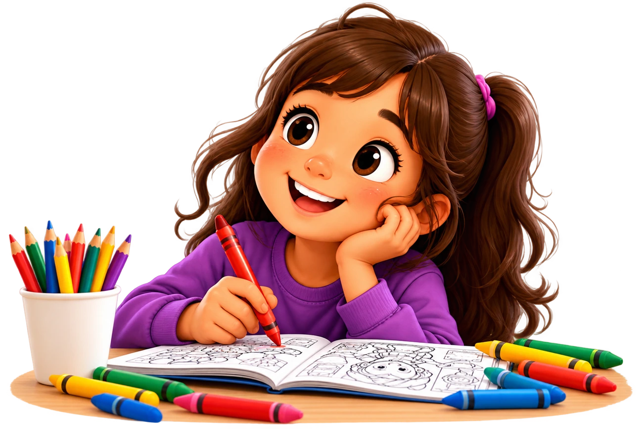 A smiling child coloring at her desk
